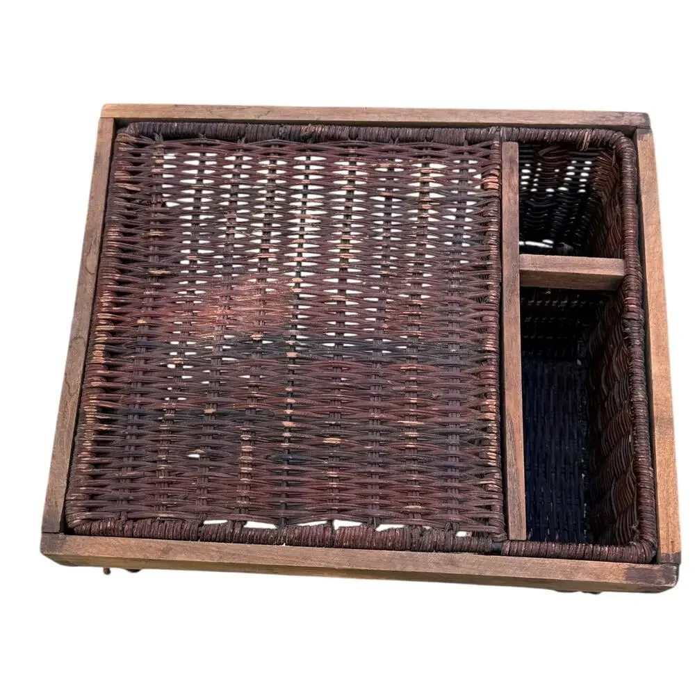 Vintage Rattan and Wood Utensil & Plate Caddy